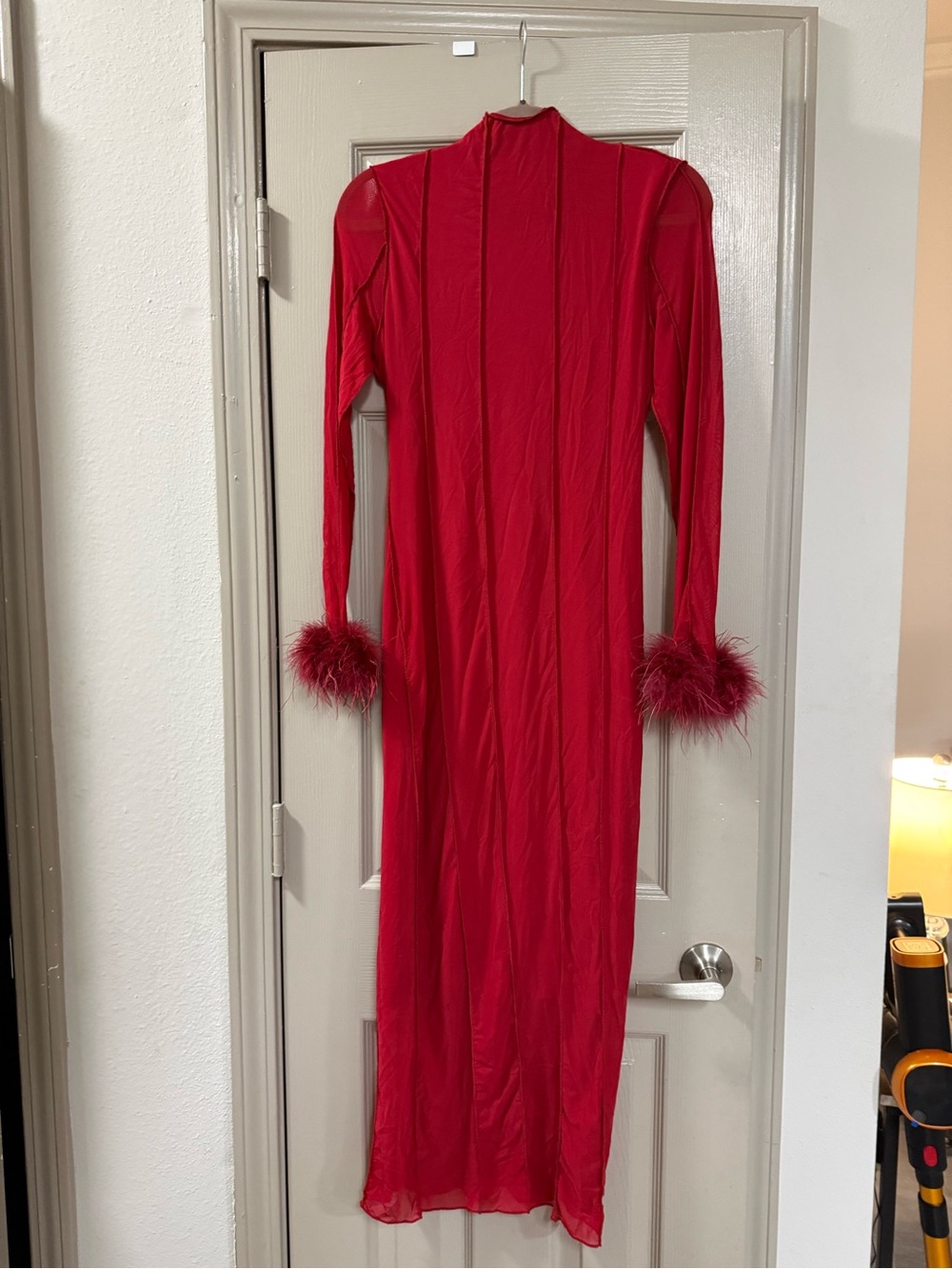 SHEIN Red Long-Sleeve Feather Cuff Maxi Dress